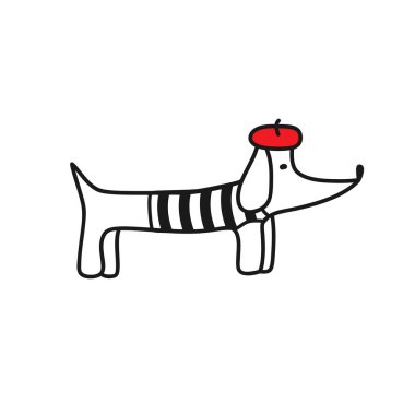 French style dog. Cute cartoon parisian dachshund vector illustration. French style dressed dog with red beret and striped frock. clipart