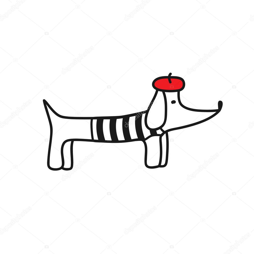 French style dog. Cute cartoon parisian dachshund vector illustration. French style dressed dog with red beret and striped frock.
