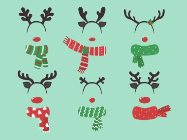 Neşeli Noel Photo Booth'den aksesuarlar, eğlenceli parti yazdırılabilir maskeleri, burun, geyik, Kuzey Kutbu işareti. Vektör çizim.