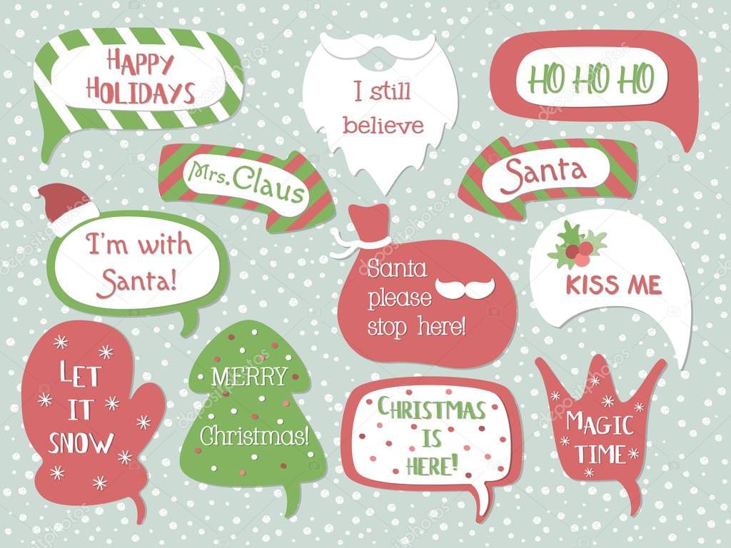 Holiday speech bubbles set with christmas greetings: merry christmas, happy holiday, let it snow etc. Vector illustration.