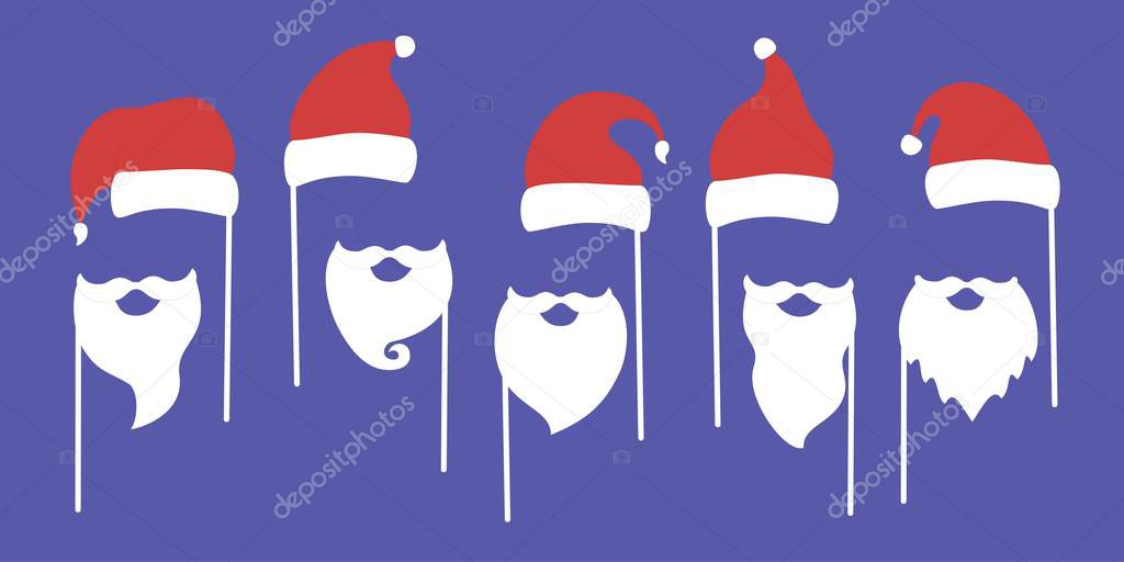 Set of piece photo booth props for Santa Claus. Vector illustration.