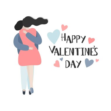 Sevgililer günü vektör çizim. Romantik Çift tarihte. Genç adam ve sıcak sarılma ya da cuddling kadın.