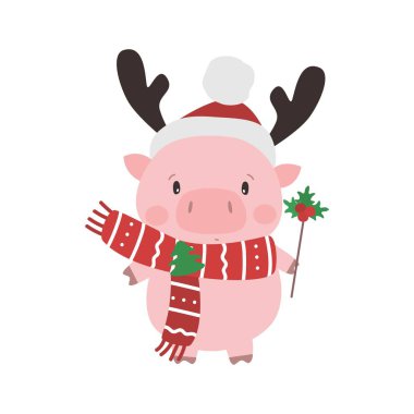 Noel Baba şapkası içinde şirin domuz. Çin yeni yıl 2019 sembolü. Vektör çizim.