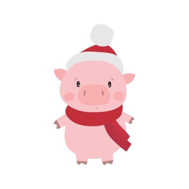 Noel Baba şapkası içinde şirin domuz. Çin yeni yıl 2019 sembolü. Vektör çizim.