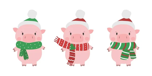 Cute Pigs Santa Hat Symbol Chinese New Year 2019 Vector — Stock Vector