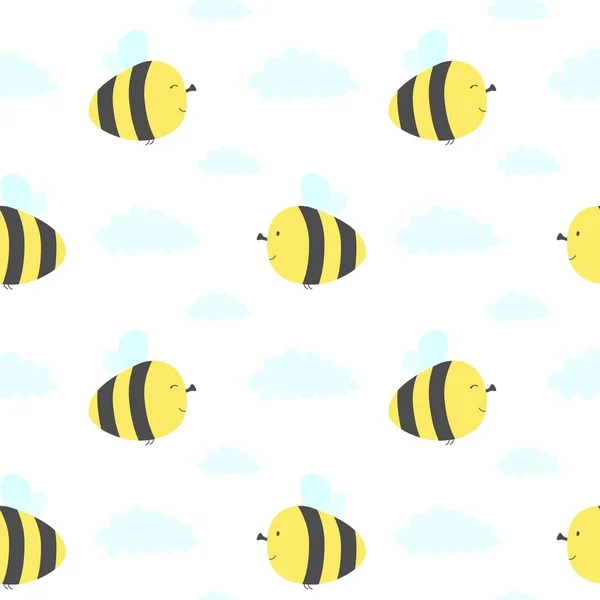 Schattig Naadloze Patroon Met Vliegende Bijen Wolken Vectorillustratie — Stockvector