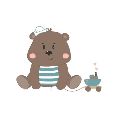 Şirin el çekilmiş kartı, kartpostal küçük Kaptan ayı ile. Arka plan, karikatür tarzı çocuklar için kapak. Vektör çizim.