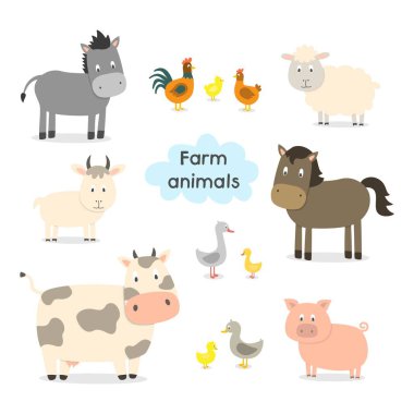 Çiftlik hayvanları düz stil beyaz arka plan üzerinde vektör illüstrasyon izole ayarlayın. Sevimli çizgi hayvan koleksiyonu: koyun, keçi, inek, eşek, at, domuz, kedi, köpek, ördek, kaz, tavuk, tavuk, horoz.