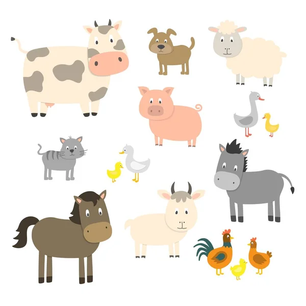 Farm Animals Set Flat Style Isolated White Background Vector Illustration — Stock Vector