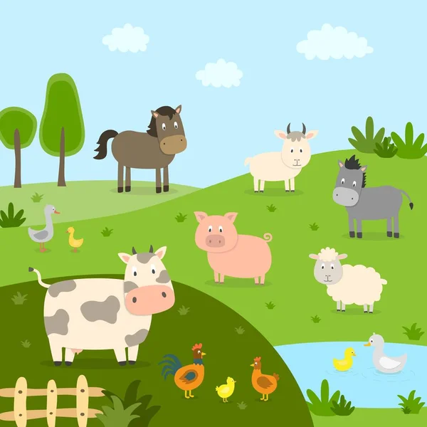 Animais Fazenda Com Paisagem Vaca Porco Ovelha Cavalo Galo Frango —  Vetores de Stock