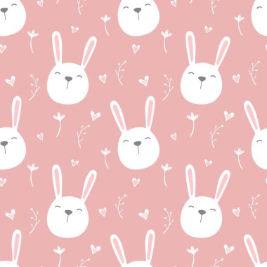 Çiçek elemanları ile pembe arka plan üzerinde sevimli beyaz tavşanlar seamless modeli. Vektör çizim.
