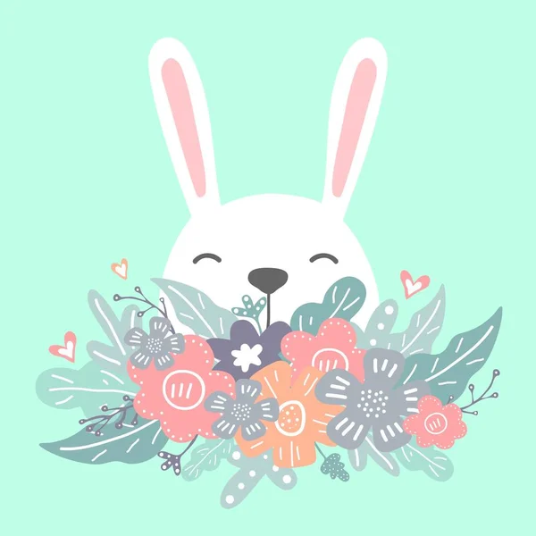 Cute Card Lovely Rabbit Heart Flowers Leafs Awesome Colors Lovely — Stock Vector