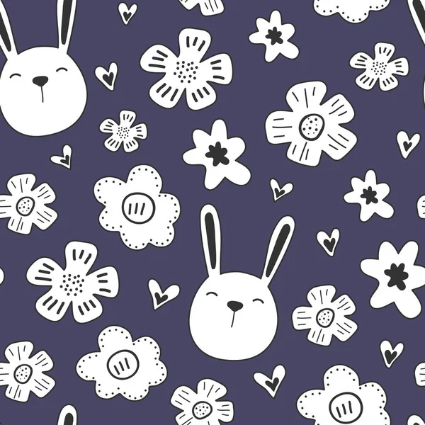 Весенние Цветы Векторный Бесшовный Узор Цветами Листьями Кроликами Свежий Рисунок — стоковый вектор
