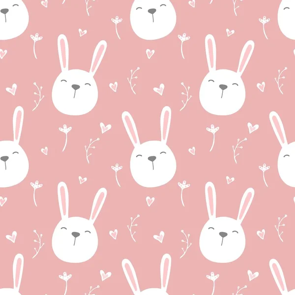 Бесшовный Узор Милых Белых Кроликов Розовом Фоне Цветочными Элементами Векторная — стоковый вектор