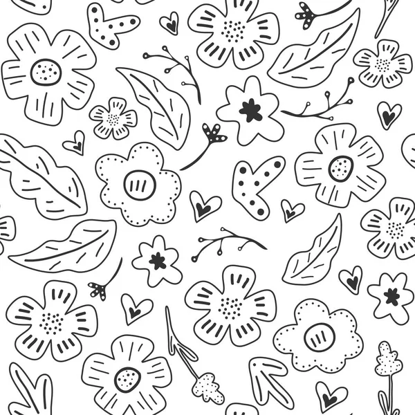 Весенние Цветы Векторный Бесшовный Узор Цветами Листьями Сердцами Свежий Рисунок — стоковый вектор