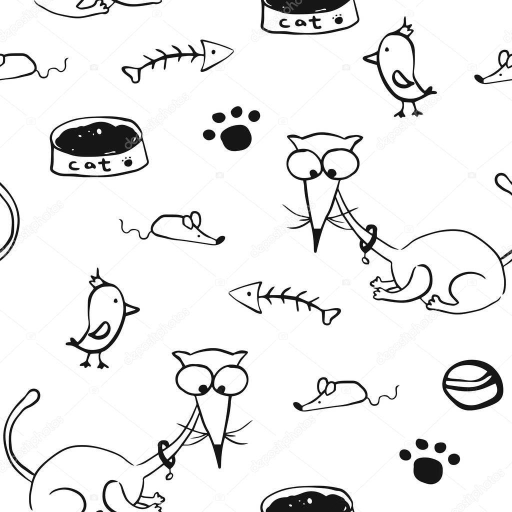 Cute handdrawn vector seamless pattern with cute doodle cats, paws, birds, mouses and fish skeletons. Black and white pattern for kids textile, fabric, textures, wrapping paper, design for kids appare