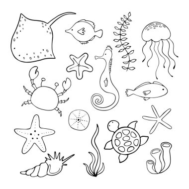 Vektör kümesi elle çizilmiş okyanus yaratıklar. Okyanus deniz dünya. Çocuk moda ve ileti örneği, çocuk, scrapbooking, ev dekorasyonu ve Tekstil için Tasarım yüzey.