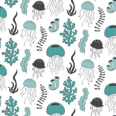 Yosunlar, mercan, jellyfishes ile Seamless modeli. Deniz arka plan. Selamlar, Davetiyeler, kağıt, Tekstil ve web tasarım kaydırma için mükemmel.