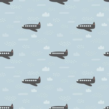 Mavi arka planda bulutlar ve uçak ile Dikişsiz desen. Vektör Illustration.