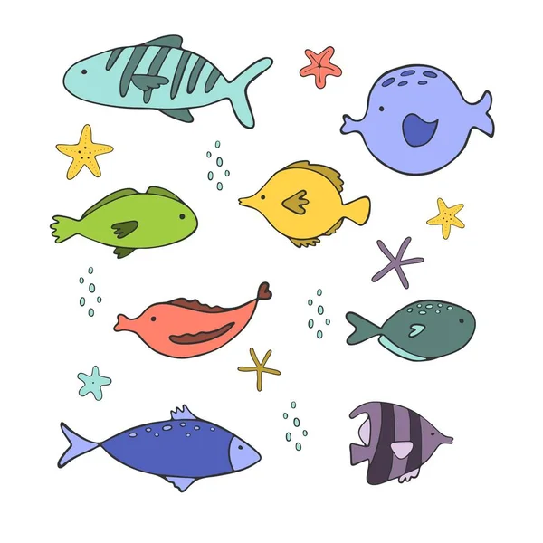 Set Pești Desene Animate Fundal Alb Ilustrație Vectorială — Vector de stoc