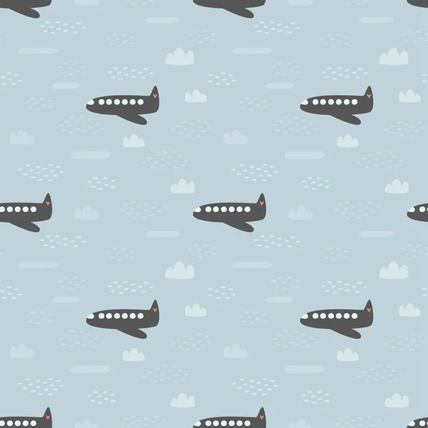 Naadloos Patroon Met Wolken Vliegtuig Een Blauwe Achtergrond Vector Illustratie — Stockvector