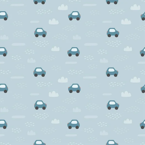 Patrón Sin Costuras Con Nubes Coches Sobre Fondo Azul Ilustración — Archivo Imágenes Vectoriales