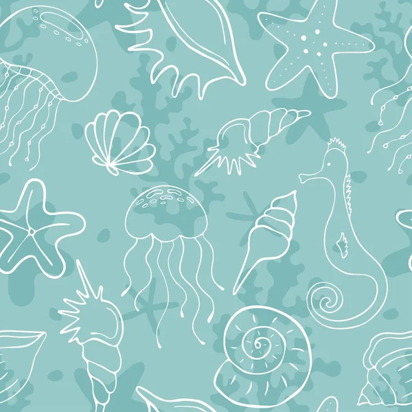 Бесшовный Узор Ракушками Кораллами Медузами Морскими Коньками Морскими Звездами Морской — стоковый вектор