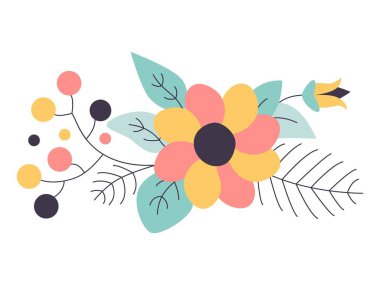 Çiçek li vektör buketi. Elle çizilmiş rustik izole nesneler. Düğün, doğum günü partisi için Dekoratif Davetiye kartları.