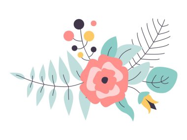 Çiçek li vektör buketi. Elle çizilmiş rustik izole nesneler. Düğün, doğum günü partisi için Dekoratif Davetiye kartları.