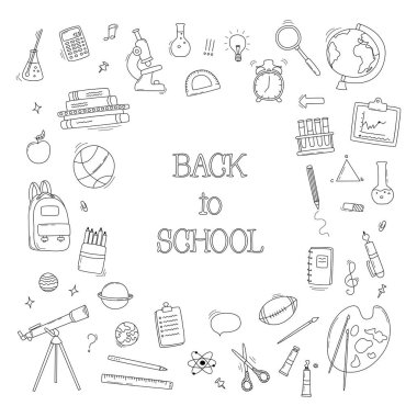 Okulun karalama setine dönüyoruz. Çeşitli okul malzemeleri - spor, sanat, okuma, bilim, coğrafya, biyoloji, fizik, matematik, astronomi, kimya. Beyaz arkaplan üzerinde izole vektör.