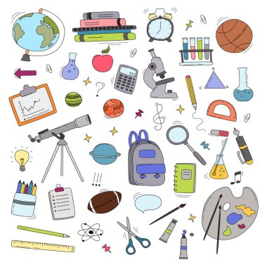 Okulun karalama setine dönüyoruz. Çeşitli okul malzemeleri - spor, sanat, okuma, bilim, coğrafya, biyoloji, fizik, matematik, astronomi, kimya. Beyaz arkaplan üzerinde izole vektör.