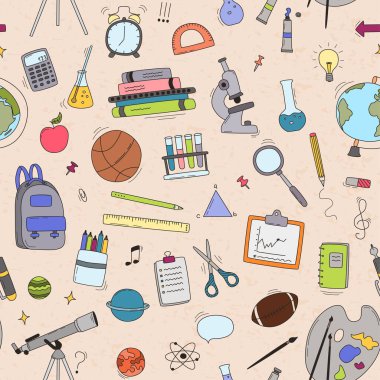 Okul malzemeleri ve yaratıcı unsurlar ile dikişsiz desen. Okul geçmişine geri dönelim. Vektör çizimi.