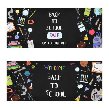 Vektör geri okul satış afiş, poster arka plan için. Elle çizilmiş karalama okul malzemeleri. İndirimetiketleri, el ilanları ve alışveriş için düzen.