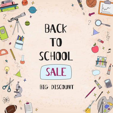 Geri indirim promosyon için satış metni, okul elemanları ve eğitim öğeleri ile okul satış vektör afiş tasarımı. Vektör çizimi.