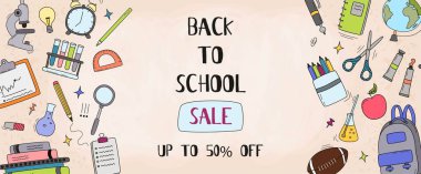 Geri indirim promosyon için satış metni, okul elemanları ve eğitim öğeleri ile okul satış vektör afiş tasarımı. Vektör çizimi.