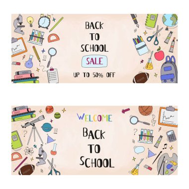 Geri okul satış vektör poster ve afiş renkli başlık ve perakende pazarlama promosyon ve eğitim ile ilgili unsurları ile kümesi. Vektör çizimi.