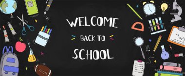 Tebrik ile Blackboard. Okulun ilk günü. Okula geri dön, yatay afiş. Vektör çizimi.