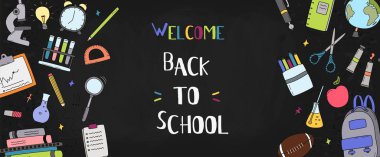 Tebrik ile Blackboard. Okulun ilk günü. Okula geri dön, yatay afiş. Vektör çizimi.