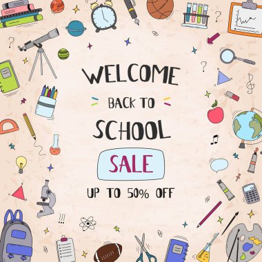 Geri indirim promosyon için satış metni, okul elemanları ve eğitim öğeleri ile okul satış vektör afiş tasarımı. Vektör çizimi.