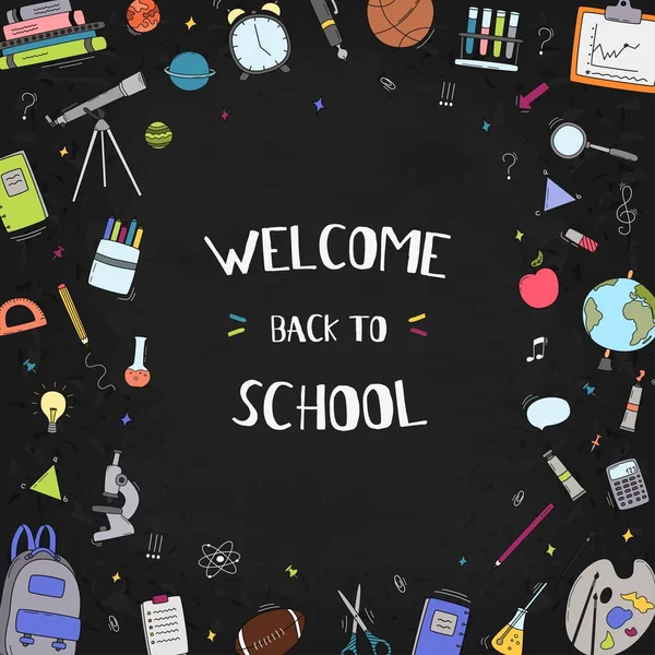 Welcome Back School Text Drawing Colorful Blackboard School Items Elements — Stock Vector