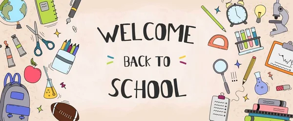 Geri okul vektör afiş tasarımı okul elemanları ve indirimli promosyon için eğitim öğeleri ile. Vektör çizimi.