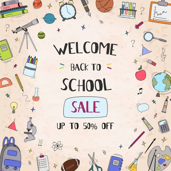 Geri indirim promosyon için satış metni, okul elemanları ve eğitim öğeleri ile okul satış vektör afiş tasarımı. Vektör çizimi.