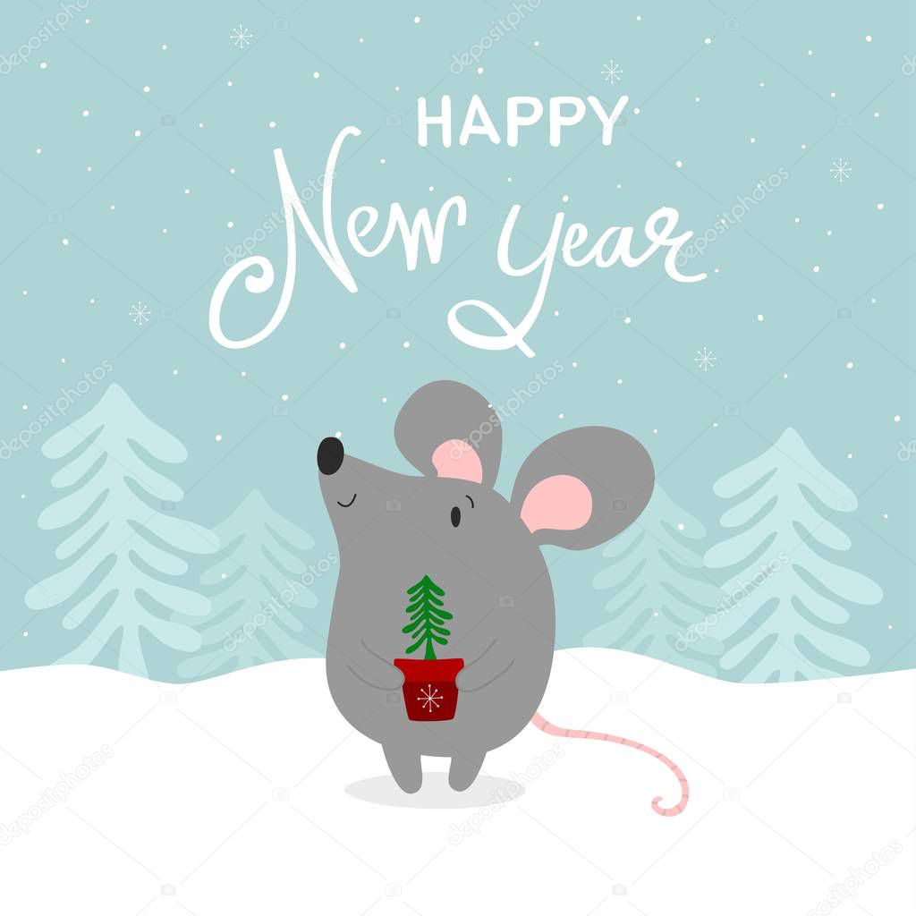 Happy New Year greeting card with cute rat, symbol of 2020 year. Chinese New Year. Vector illustration.