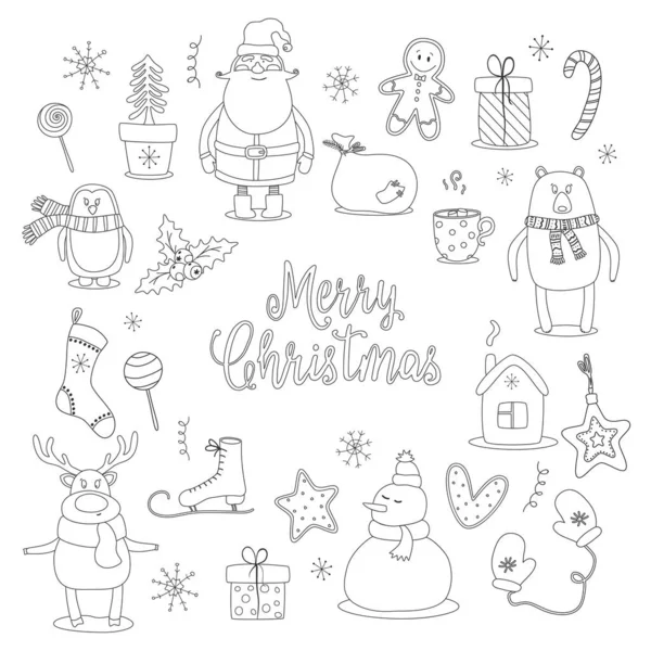Doodle Set Van Vrolijk Kerstfeest Gelukkig Nieuwjaar Objecten Vectorillustratie — Stockvector