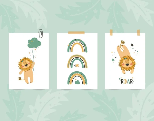 Nursery posters with baby animals and rainbows in pastel colors. Cute baby lion. Vector illustration.