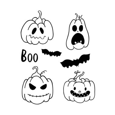 Cadılar Bayramı balkabağı seti, yarasa, beyaz arka planda yuhalama. Mutlu Cadılar Bayramı. Vektör illüstrasyonu