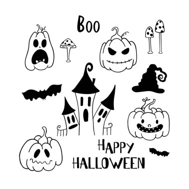 Cadılar Bayramı balkabağı seti, yarasa, böö, sineklik, beyaz arka planda ev. Mutlu Cadılar Bayramı. Vektör illüstrasyonu.