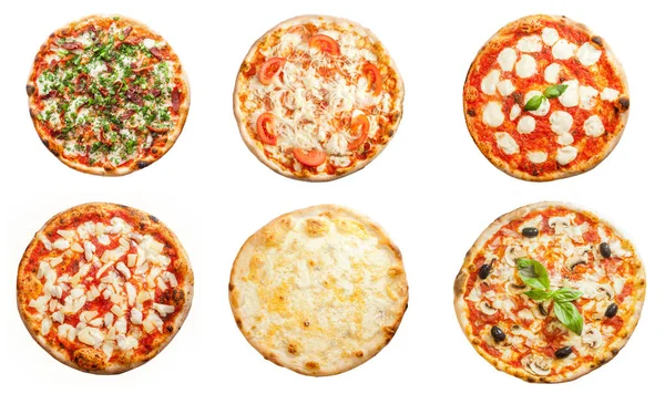 Sex Olika Pizzaset För Meny Isolerad Vit Bakgrund — Stockfoto