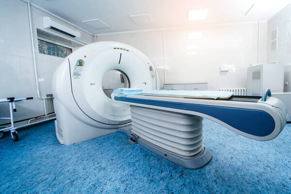 Interior of room with MRI machine.