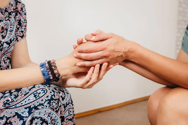 Close Women Holding Hands Middle Aged Mother Support Grown Child — Stock Photo, Image